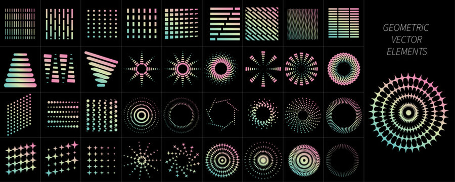 Y2K abstract geometric vector elements set with neon gradient circles, optical spiral patterns and retro futuristic digital shapes on dark background