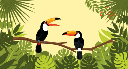 Tropical, colorful toucan birds, jungle foliage, exotic wildlife, vector illustration, nature, green leaves, vibrant beaks © Kyte