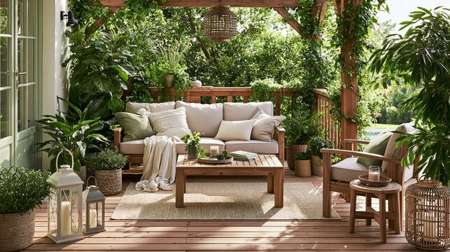 Green plants, a sofa, and lanterns decorate an outdoor terrace. A wooden veranda with a garden chair and table creates a cozy summer lounge.