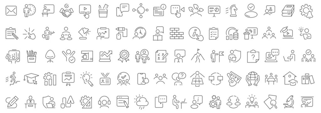 Education and training line icons featuring learning resources student success academic growth and teaching methods.