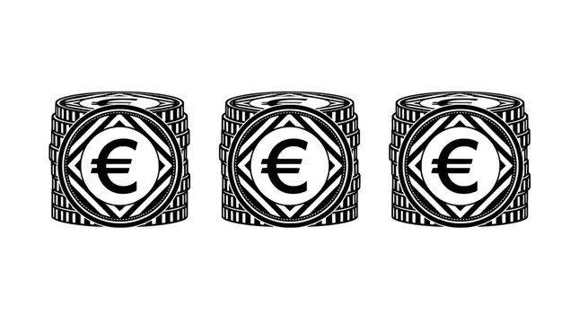 Coins euro set with black and white design and currency symbol featuring money, finance, illustration with graphic and stack elements for cash,