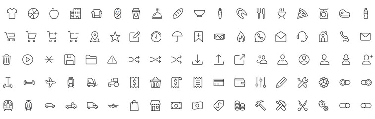 Fototapeta premium Outline vector icons for e-commerce food and interface navigation.