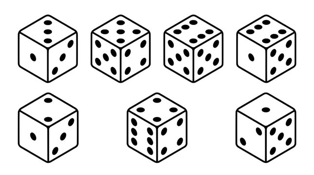 Dice set with black dots on white background in various orientations featuring game, gambling, board game with collection and playing elements for