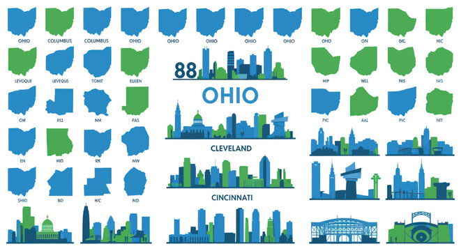 Ohio Map Silhouettes, Skylines, and Cities: Columbus, Cleveland, Cincinnati