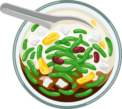 Birds eye view of a traditional bowl of cendol with palm sugar syrup
