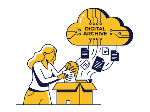 Woman archiving documents to digital cloud storage, outline style illustratio...
