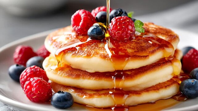 Pancakes stacked with fresh berries and syrup in a cozy kitchen setting Generative AI