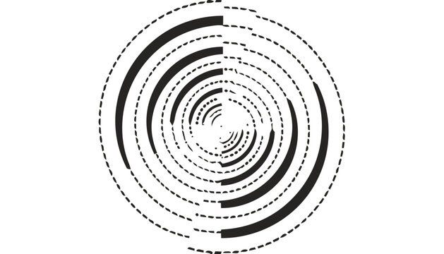 Abstract optical illusion featuring concentric circles with alternating solid and dashed lines creating a dynamic monochromatic spiral pattern on white background