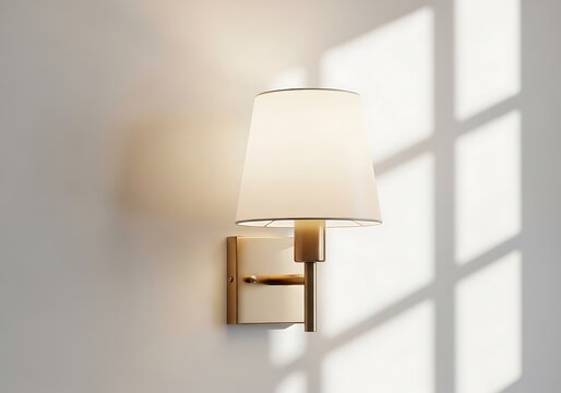 Modern wall lamp with a fabric lampshade mounted on a beige wall casting elegant soft light and geometric window shadow