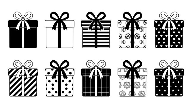 Gift box icons set with ribbon bow, patterned wrapping, and minimalist line art for holiday stickers and web graphics