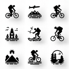 Fototapeta premium Set of outdoor activity icons featuring mountain biking, hiking, and scenic landscapes with trees and mountains, representing adventure and nature exploration