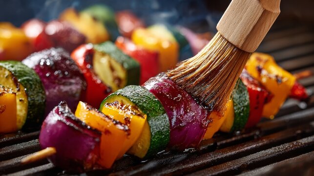 Close-up of veggie kebabs grilling, being basted with sauce. Smoke rises. Vibrant colors. Wooden brush in focus