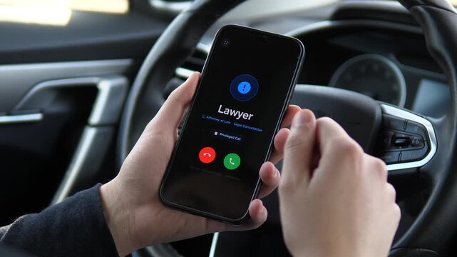 Hands holding a phone with an incoming call from a lawyer. The dark UI shows answer, decline buttons and a confidential status. Great for showcasing legal support, emergency legal consultation, and
