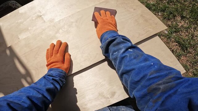 First person view of the process of sanding a wooden board with sandpaper. The craftsman works in special work clothes with sandpaper and a board in the workshop. Do it yourself concept