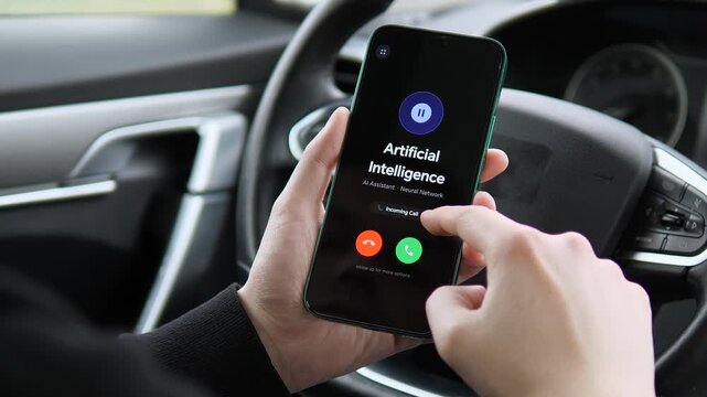 Receiving an incoming call from Artificial Intelligence on a smartphone. The screen displays a pause button and answer, decline options. Perfect for AI technology, voice assistants, and smart mobility