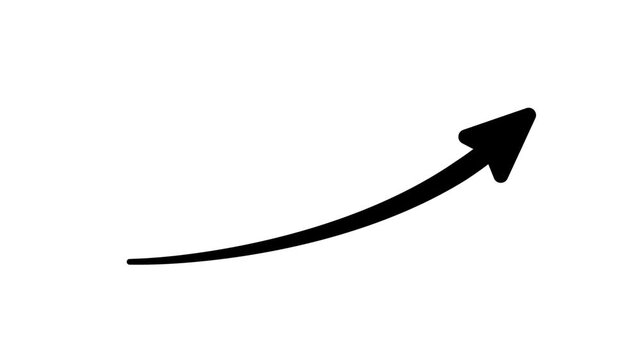 Animated black curved arrow drawing smoothly upward on diagonal. Clean geometric growth and financial success trend thick line on white