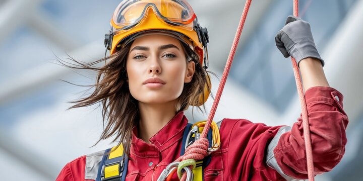 Female rigger securing rope on high structure
