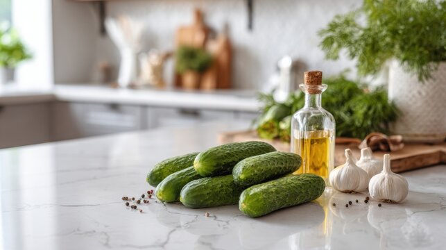 Fresh cucumbers, garlic, and olive oil arranged on a marble kitchen countertop with wooden cutting board and herbs in the background