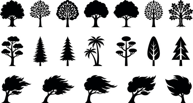 Set of black tree silhouettes including deciduous, evergreen, palm, and windblown trees isolated on a white background
