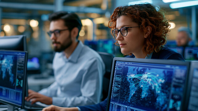 Wide shot of data flowing across digital screens while two professionals work at computer terminals in a large modern warehouse, global shipping route overlays and network visualizations