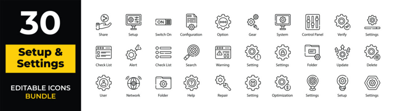 Setup and Settings Line Icons Bundle, Editable Outline Configuration Vector Icons Set