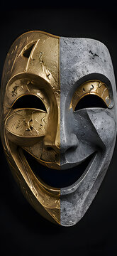 Split golden and gray theater mask with a grinning face half gold two faced