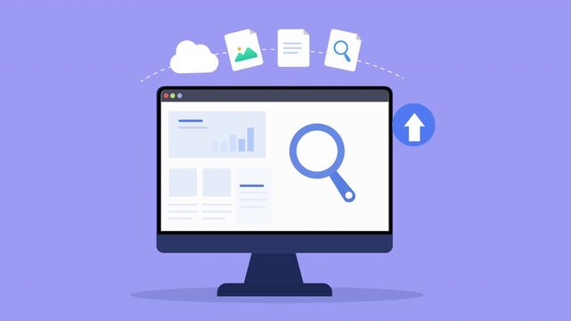 Animated flat dashboard interface featuring search functionality, magnifier icon, desktop monitor, and modern digital technology workspace scene.