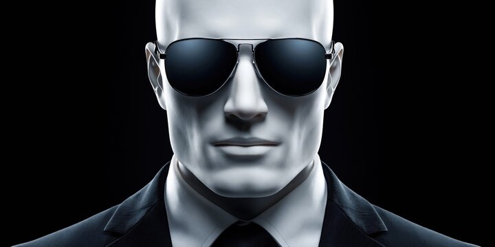 Futuristic android agent with sunglasses and suit against a dark background