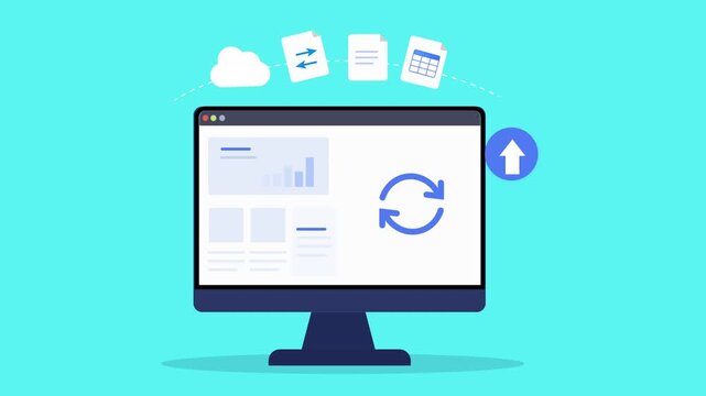 Animated flat dashboard interface featuring sync and refresh elements, upload action icon, desktop monitor, and modern digital technology scene.