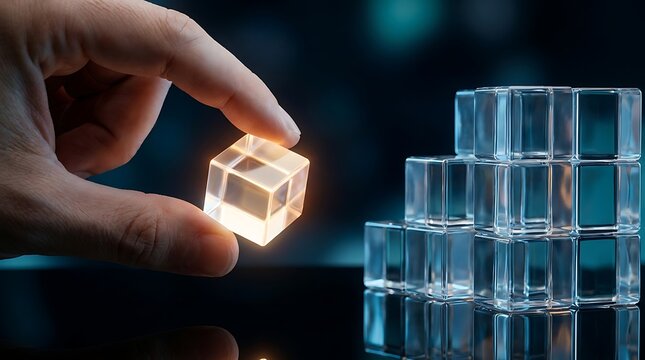 Hand holding glowing cube placing it onto a stack of transparent blocks symbolizing innovation, creation, and building blocks of success in technology.
