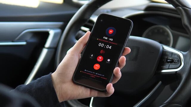 Receiving a secure incoming call from the FSB on a smartphone. The screen displays a red shield icon and an Official Line notification. Perfect for government security, intelligence visuals, and