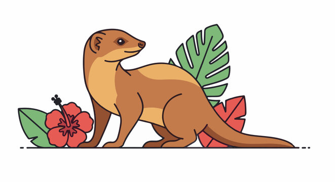 A charming cartoon mongoose poses near tropical flowers and lush foliage