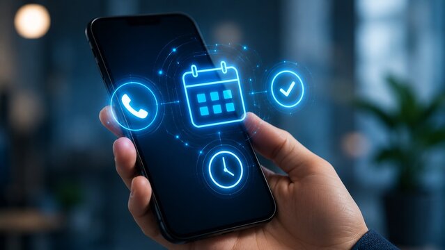 Callback Scheduling App With Holographic Calendar Phone And Confirmation Icons