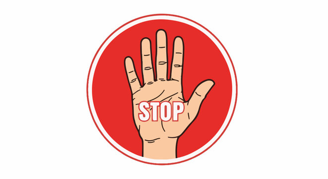 A red circular sign with a human hand displaying the word "STOP