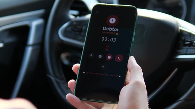 Close-up of an urgent call to a debtor regarding an outstanding balance. Dark-themed mobile interface with an active timer inside a vehicle. Perfect for videos about financial crisis, loans, and legal