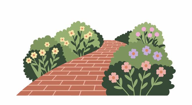 A winding brick path leads through a garden bursting with colorful flowers and lush green bushes
