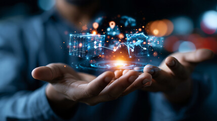Fototapeta premium Abstract transportation concept featuring glowing holographic cargo and route symbols suspended above male hands, representing the digital future of freight management and supply chain