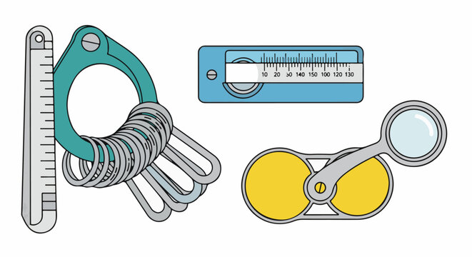 Collection of measuring tools including a thermometer, ring gauge, and loupe
