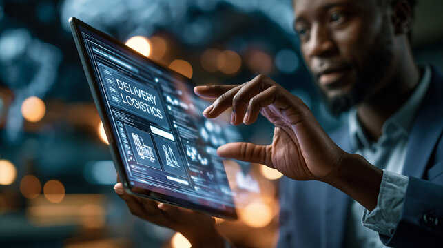 African American business professional choosing between digital delivery and logistics options displayed on a large virtual screen interface in a panoramic scene, symbolizing informed