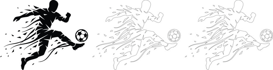 Fototapeta premium Dynamic soccer player kicking ball with dispersion effect icon graphic isolated on transparent background design.
