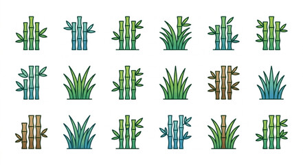 Collection of stylized bamboo plant icons in various colors and styles. © Kakasi