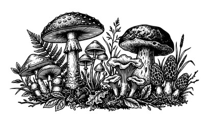Black and white engraving mushrooms vector botanical fungi illustration © MstKamrun