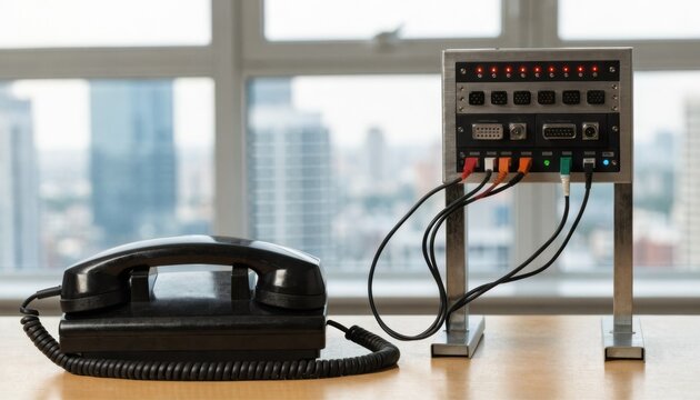 Medium shot of a singleline analog desk phone connected to a test rack showing dial tone verification in a controlled office environment.
