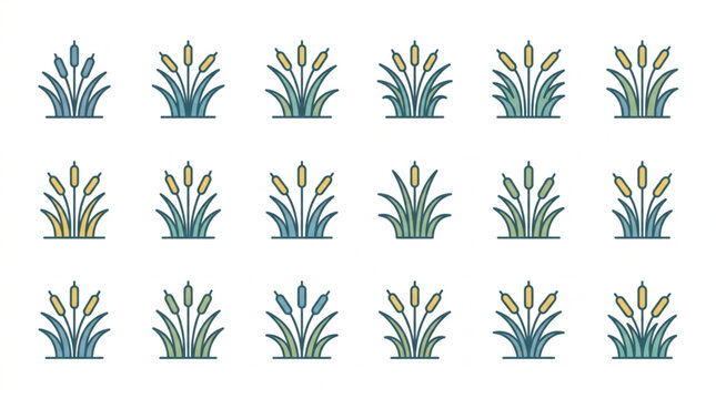 Collection of stylized cattail plant icons in various colors.