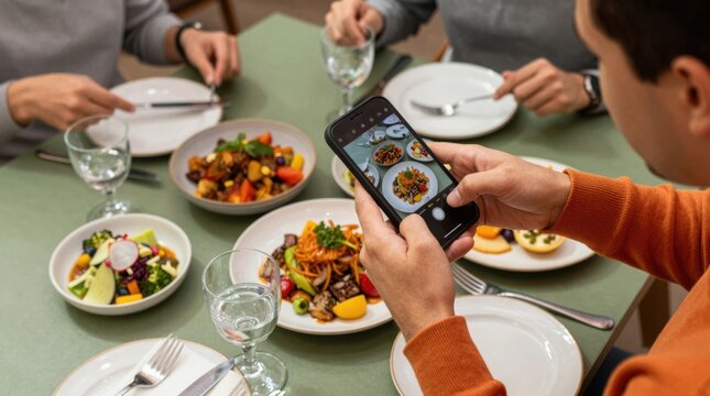 Friends taking pictures of food at a dining table in a casual restaurant setting during dinner