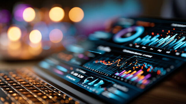 Marketing and financial KPI report dashboard displayed as a digital motif concept, showing key metrics such as profit margin, customer conversion rate, revenue trends, and performance