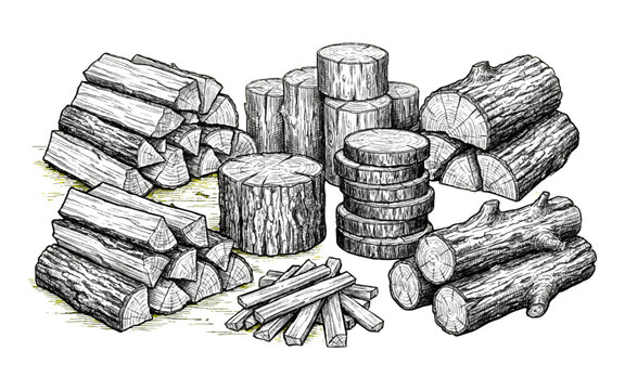 Engraved wood pile illustration featuring chopped logs timber stumps and firewood pieces drawn in detailed vintage ink sketch style for forestry concepts.