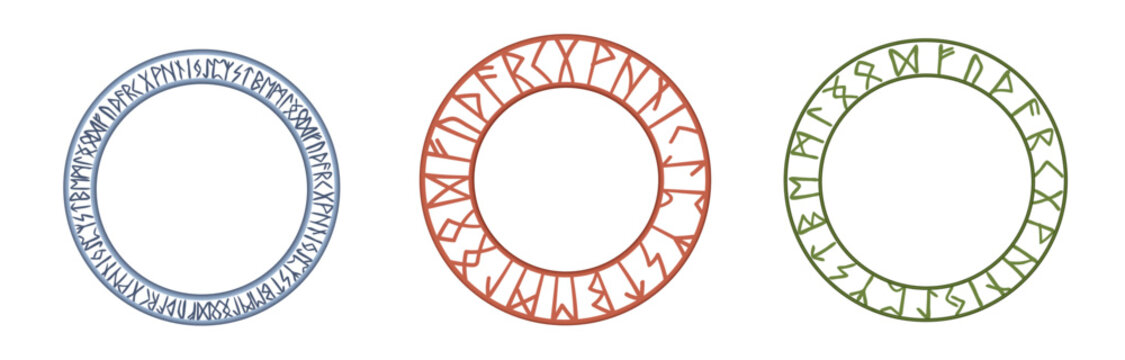 Circular rune frames trio line art in blue red and green.