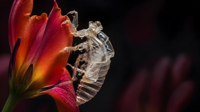 Close up of translucent cicada shell on vibrant orange and pink flower petal, showing detailed insect exoskeleton, metamorphosis lifecycle, and nature biodiversity.