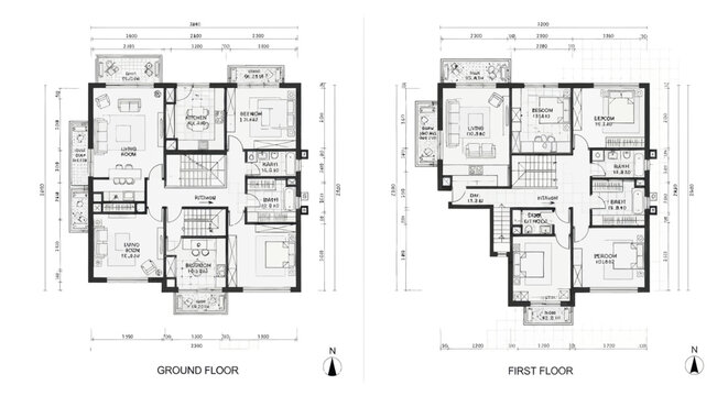Ground and first floor architectural plans for residential house.